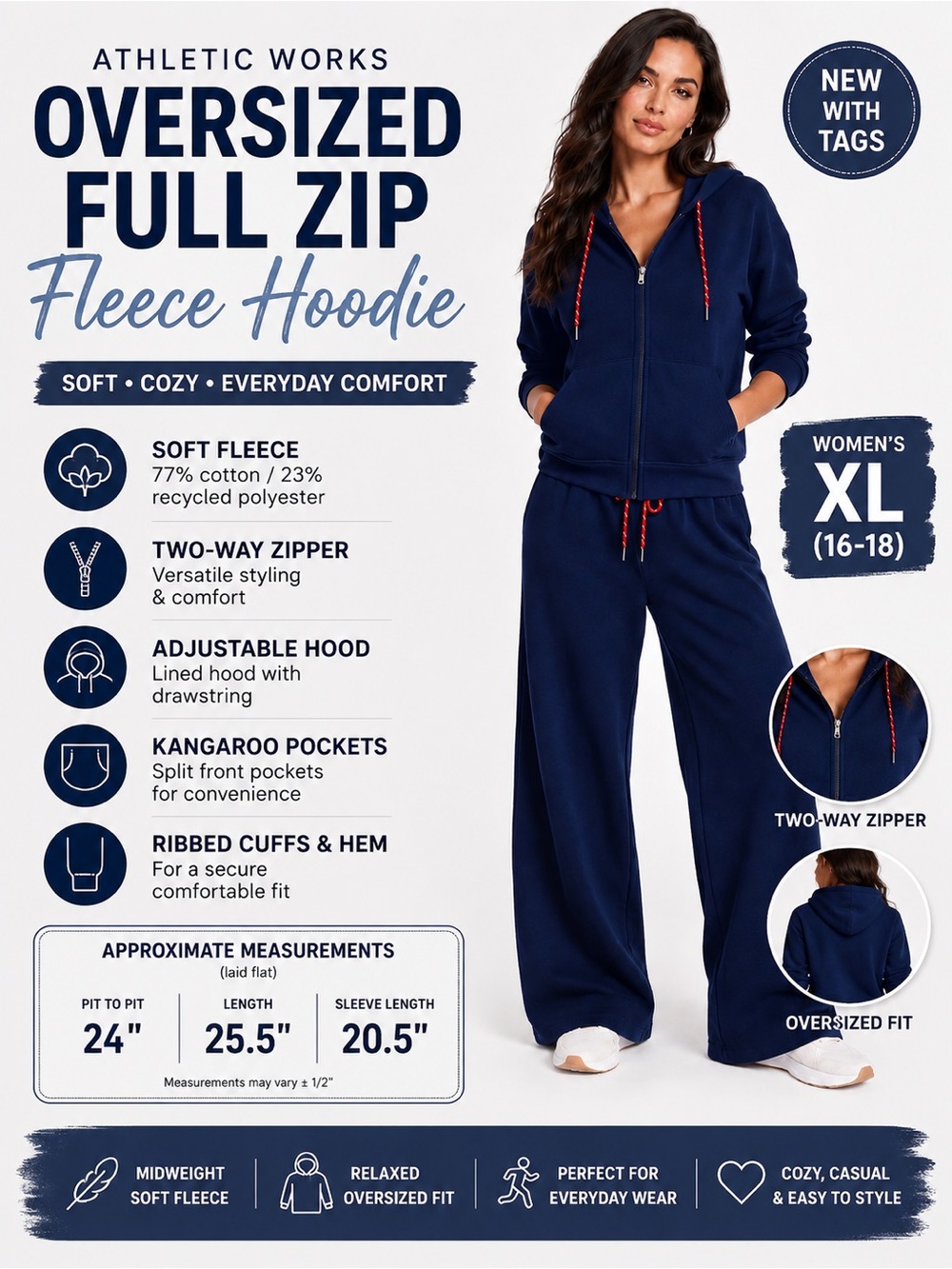 Women’s XL Oversized Full Zip Fleece Hoodie Two Way Zip Blue Cotton Soft Casual - Picture 2 of 16